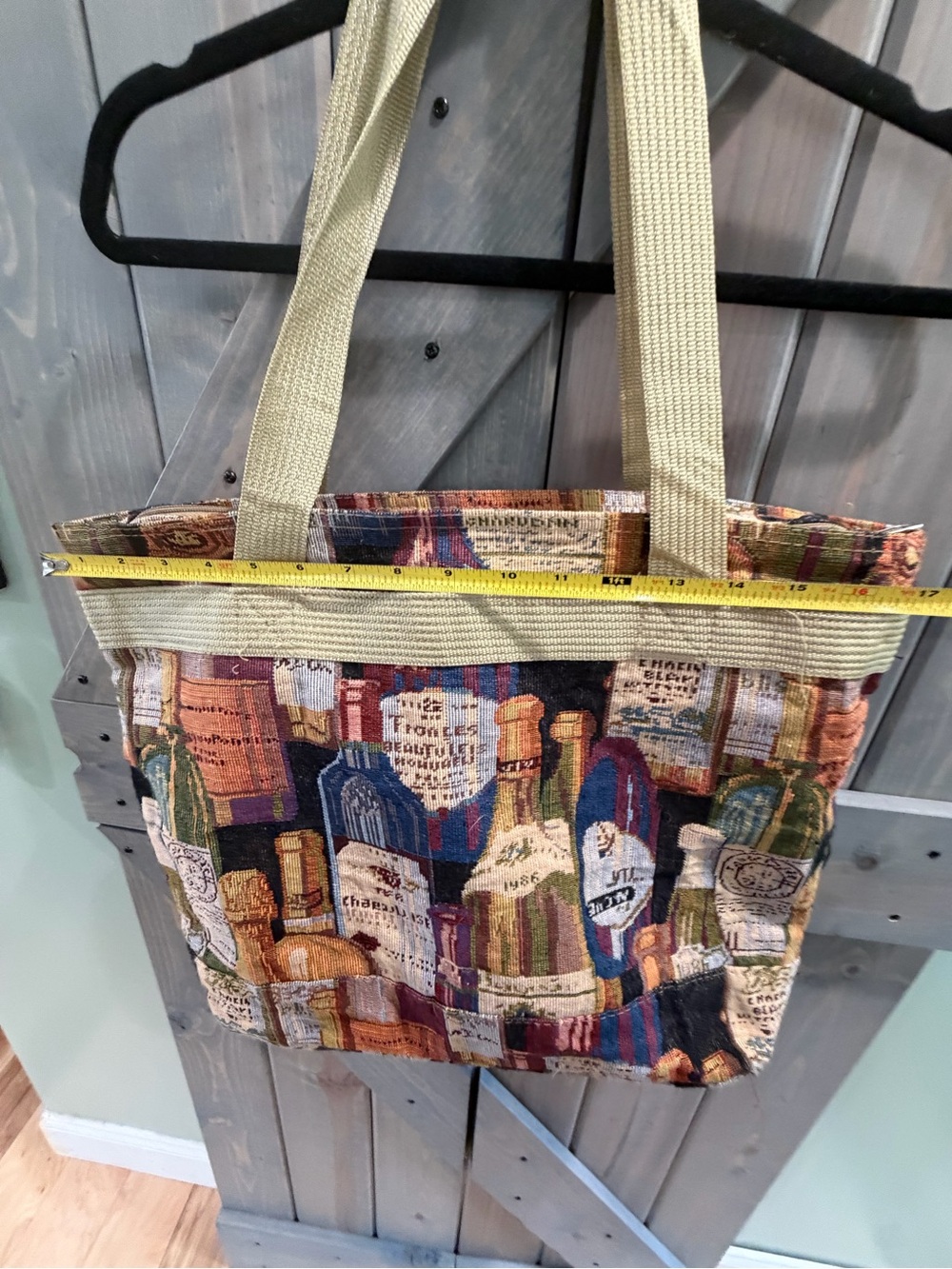 Tapestry Wine Bottle Print Tote Bag in Multi-Color with Cream Straps - Picture 3 of 6
